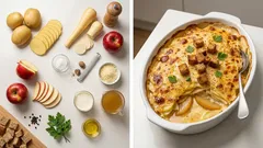 Kartoffel-Pastinaken-Gratin mit Apfel: cremig, süß-herzhaft und mit Croûtons